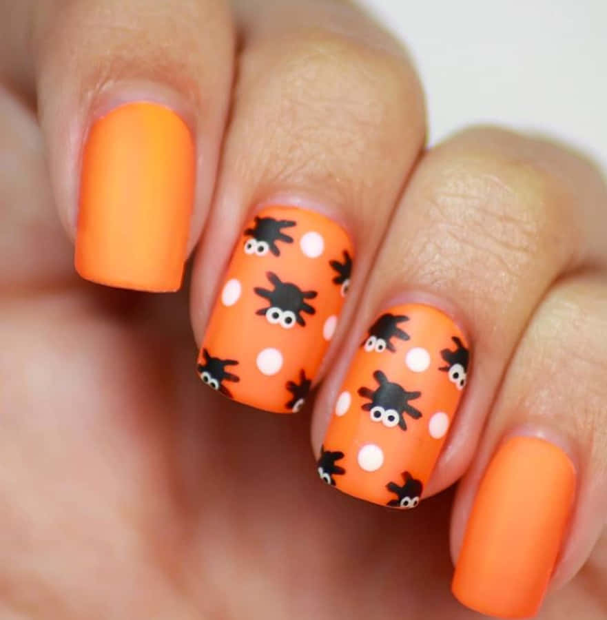 Halloween Nail Art 桌布 壁紙 — 鮮橙色霧面指甲特寫，裝飾有可愛的黑色蜘蛛和白色圓點萬聖節設計。