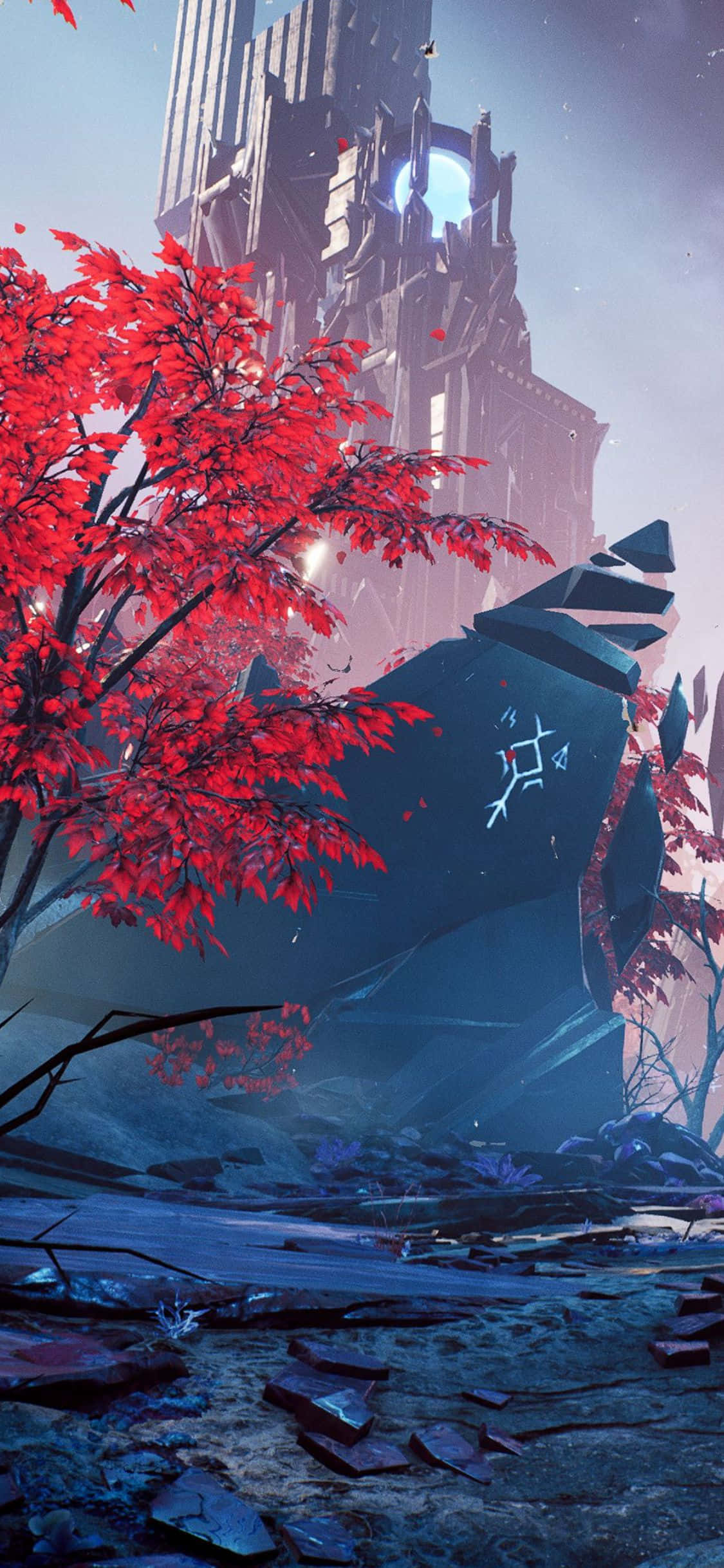 Battlefield 桌布 壁紙 — 鮮紅的楓樹聳立在破碎的未來派廢墟前，沐浴在月光下。