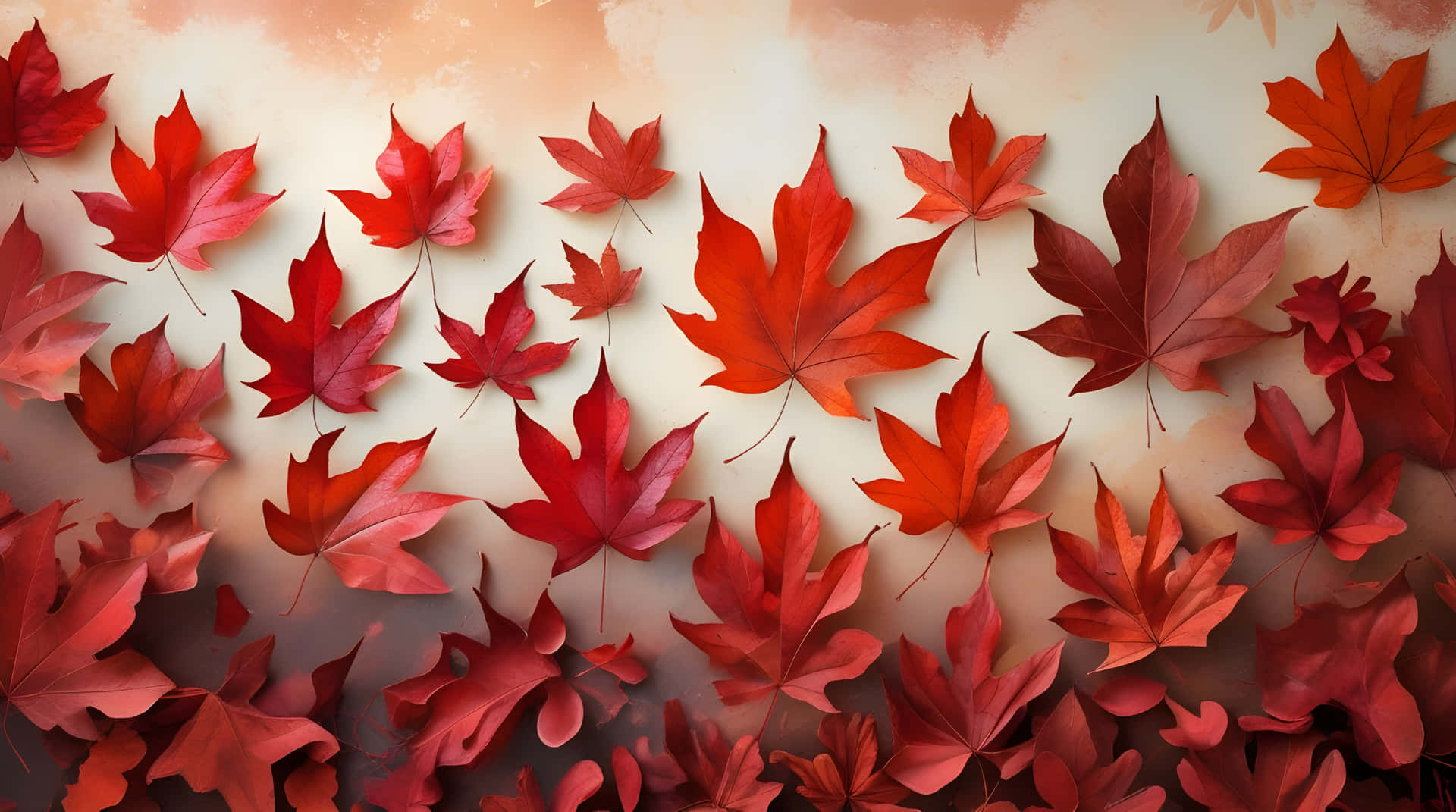 Dry red fallen leaves wallpaper 壁紙 — 鮮紅的楓葉散落在從蜜桃色到奶油色的柔和漸變背景上。