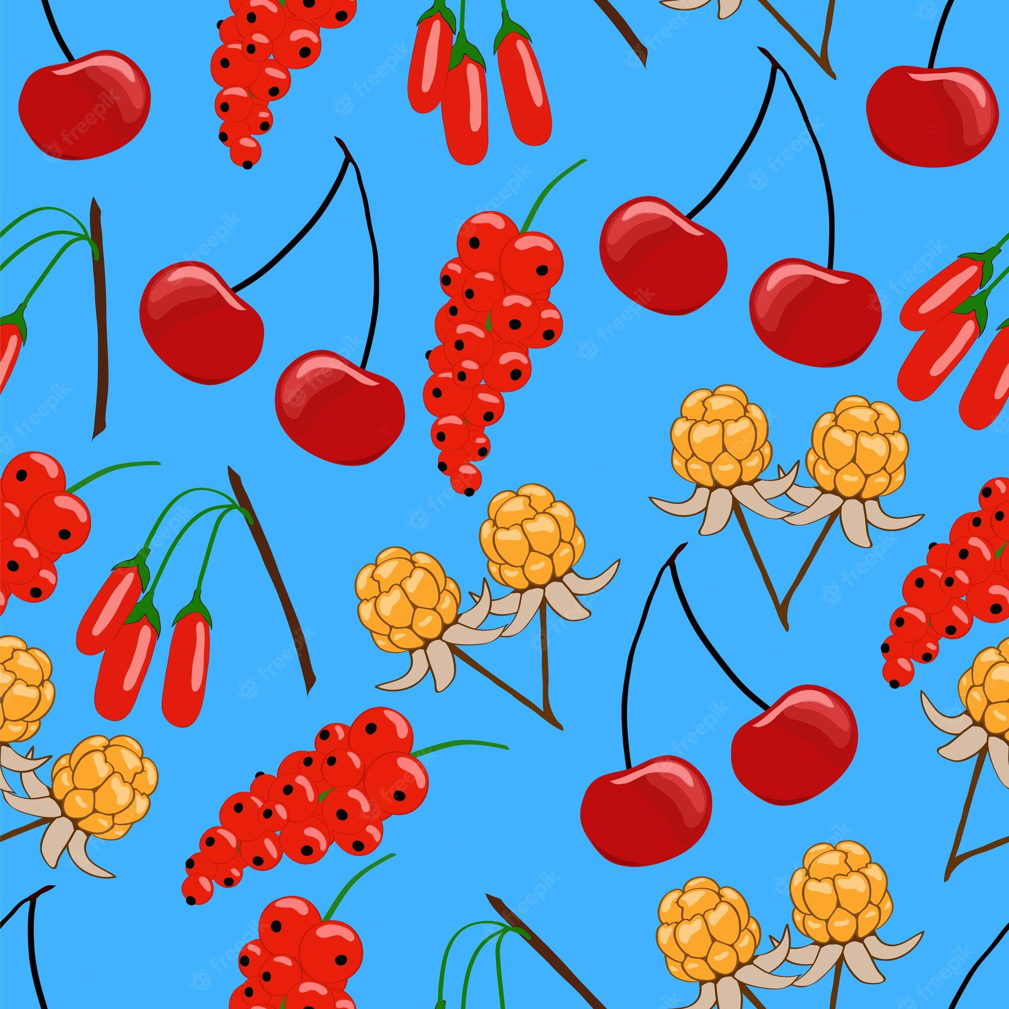 Berry 桌布 壁紙 — 鮮紅的櫻桃和黃色的花楸果實漂浮在明亮的藍色背景上，形成一個俏皮的重複圖案。