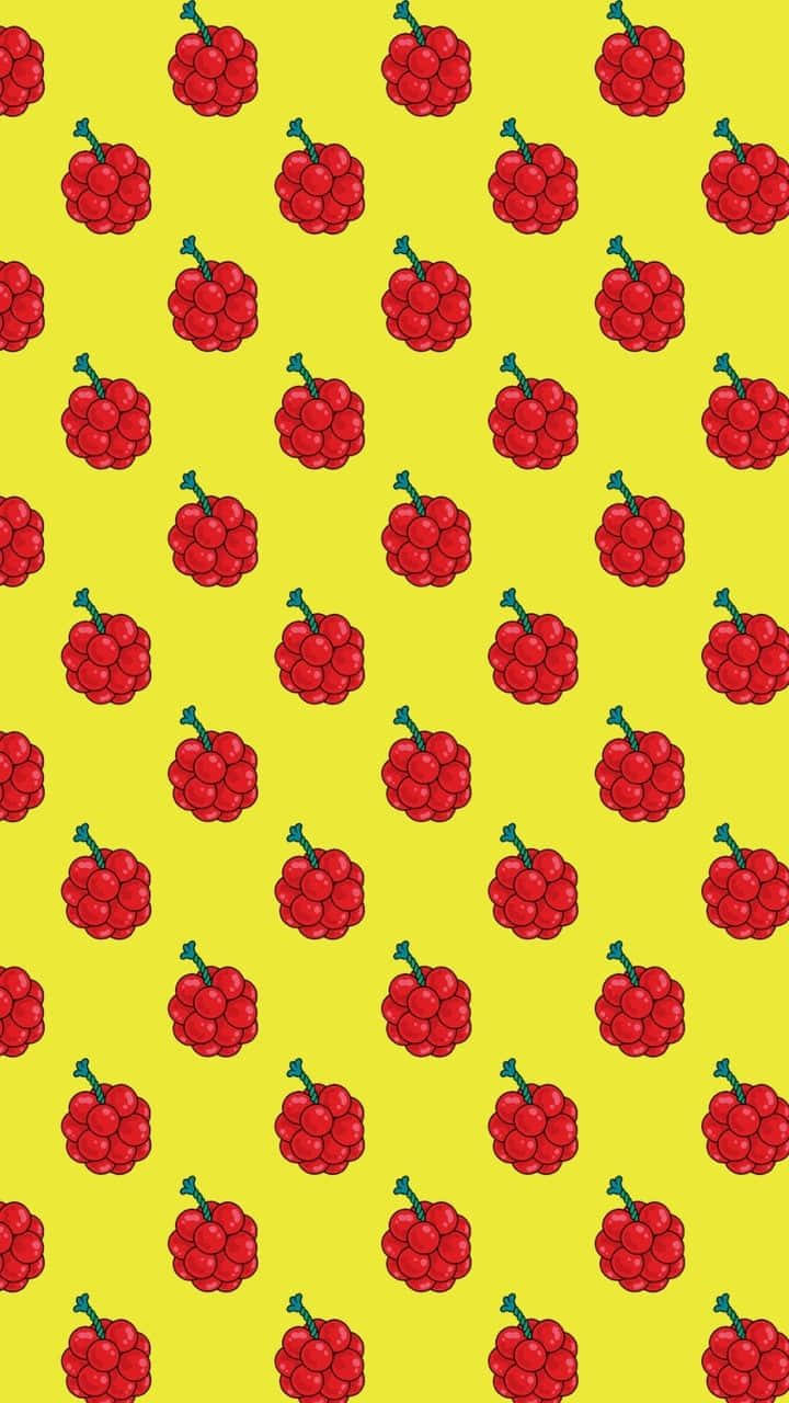 Cherry Aesthetic 桌布 壁紙 — 鮮紅的覆盆子配上綠色莖稈，在明亮的黃色背景上以整齊的網格重複排列。