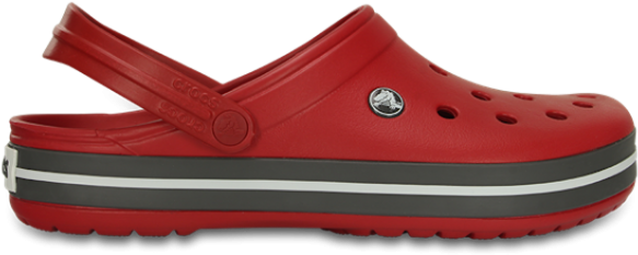 Crocs 桌布 壁紙 — 鮮紅色Crocs木屐，灰白條紋鞋底，以乾淨產品照展示。