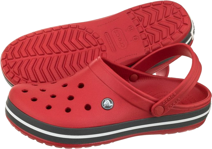 Crocs 桌布 壁紙 — 鮮紅色Crocs木屐，黑白條紋鞋底，從頂部和底部角度展示在潔白背景上。