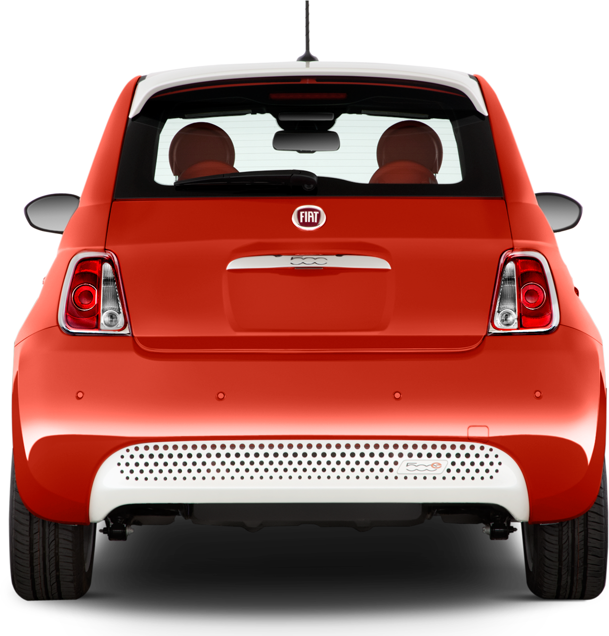 飛雅特 桌布 壁紙 — 鮮紅色Fiat 500從後方觀看，襯托鮮明黑色背景，展示流線型設計和標誌性尾燈。