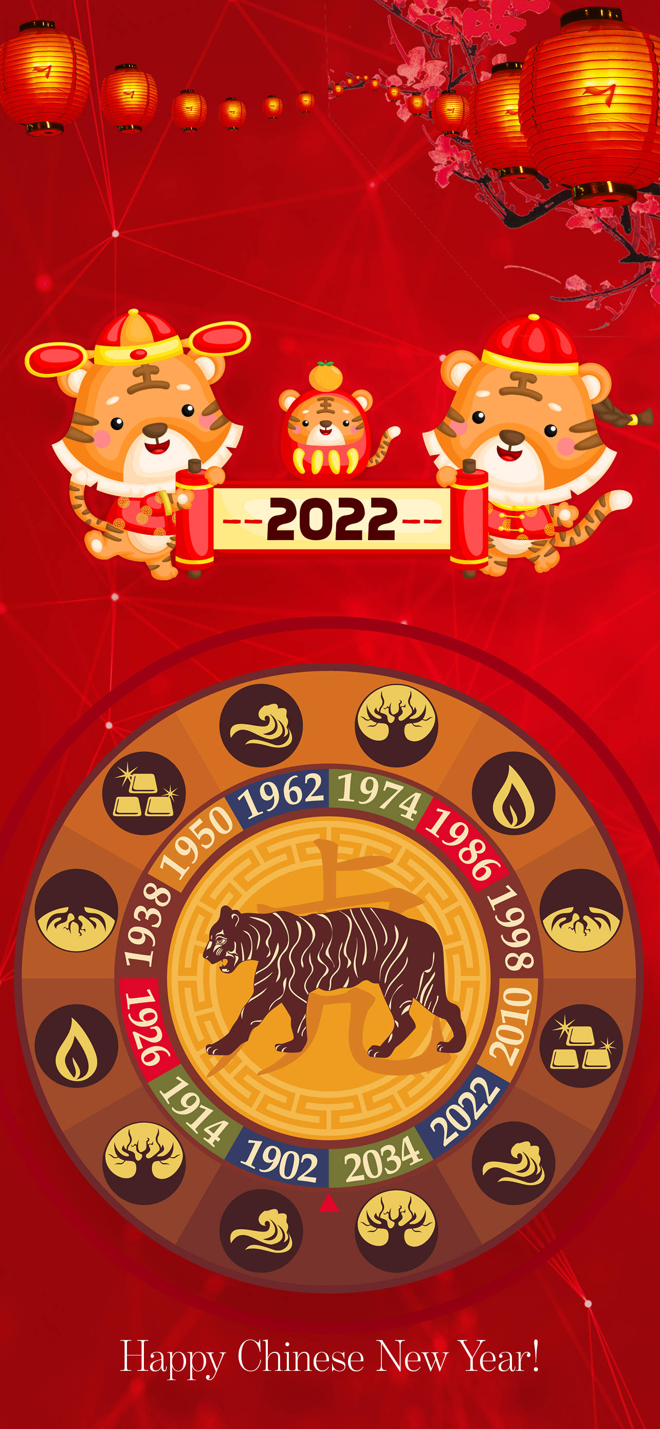 New 桌布 壁紙 — 鮮紅色中國新年桌布，特色是卡通老虎在帶有老虎符號和年份的生肖輪上方拿著紅燈籠。