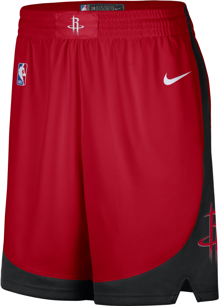 休士頓火箭隊 桌布 壁紙 — 鮮紅色休士頓火箭NBA籃球短褲，帶有白色Nike勾和黑色側面板，背景為黑色。