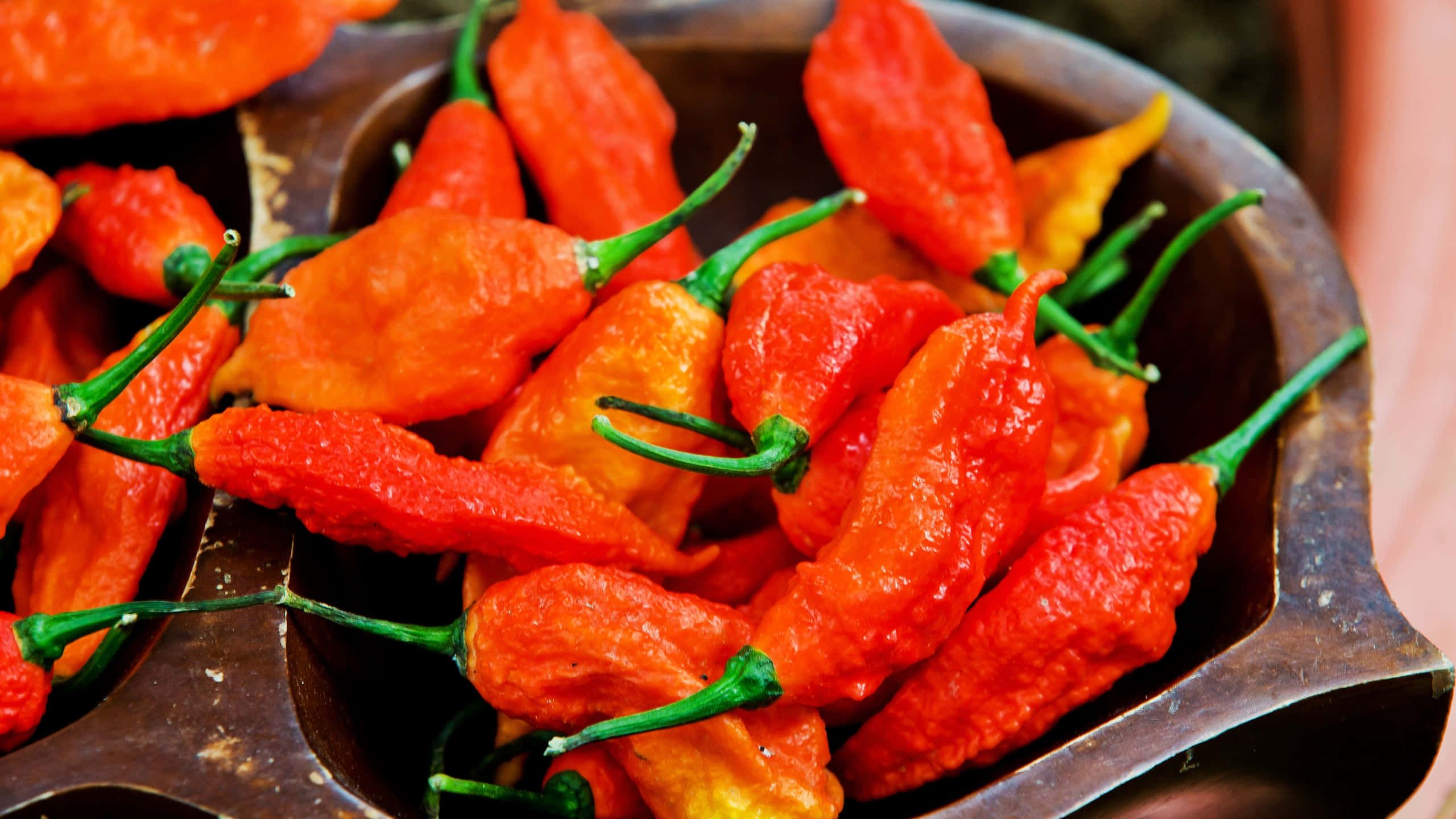 Ghost Pepper 桌布 壁紙 — 鮮紅色和橙色的辣椒，帶有綠色莖，堆放在一個質樸的金屬碗中。