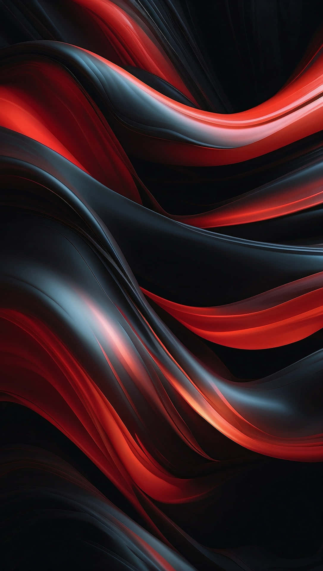 Dark black and red curve wave 壁紙 — 鮮紅色和深黑色的液體狀絲帶在黑暗背景下以動態曲線流動。