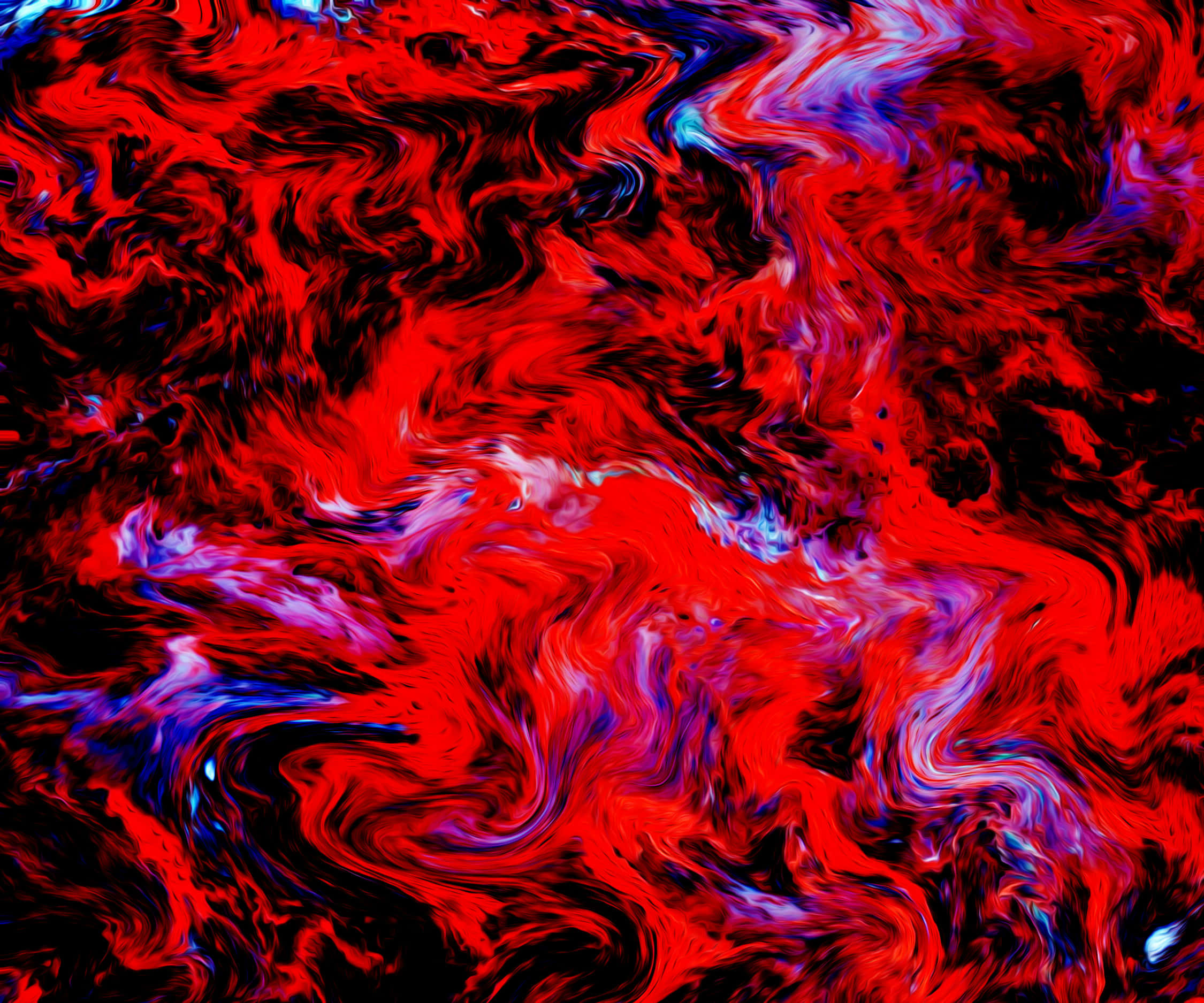 抽象 桌布 壁紙 — 鮮紅色和電光藍色的流體在深黑色背景上動態旋轉，形成混亂的抽象構圖。
