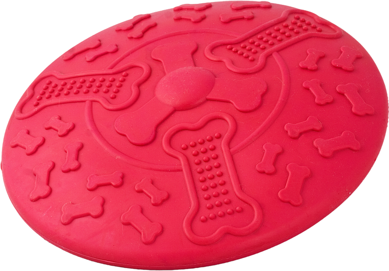 Frisbee 桌布 壁紙 — 鮮紅色圓形狗玩具，帶有凸起的骨頭圖案和紋理握把，適合互動玩耍。
