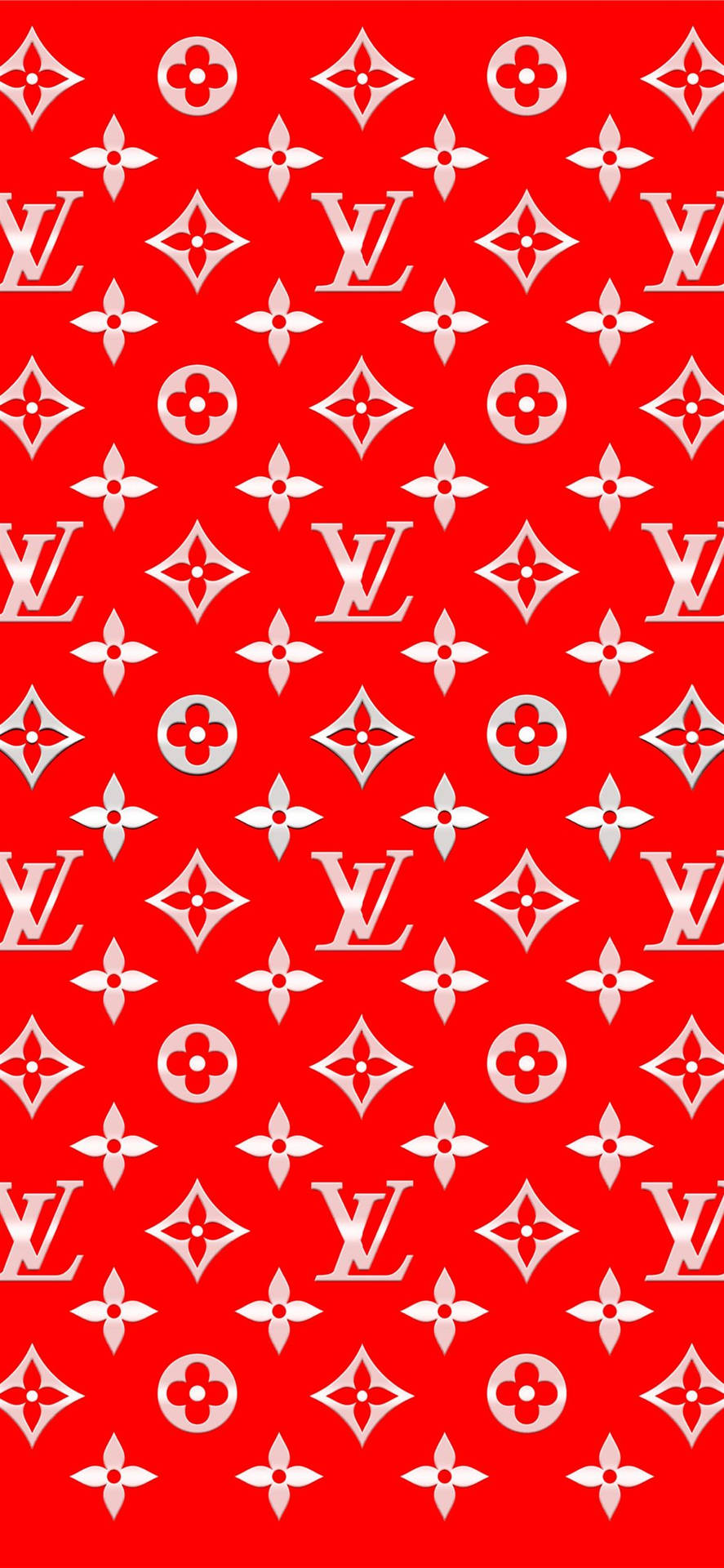 紅色和白色Louis Vuitton字母組合圖案壁紙。
