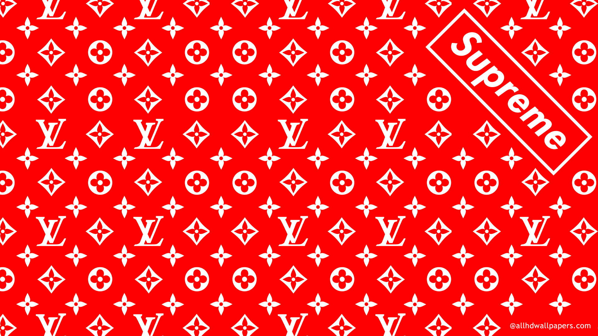 supreme 桌布 壁紙 — 鮮紅色壁紙，帶有重複的白色Louis Vuitton字母組合圖案和對角線Supreme標誌。