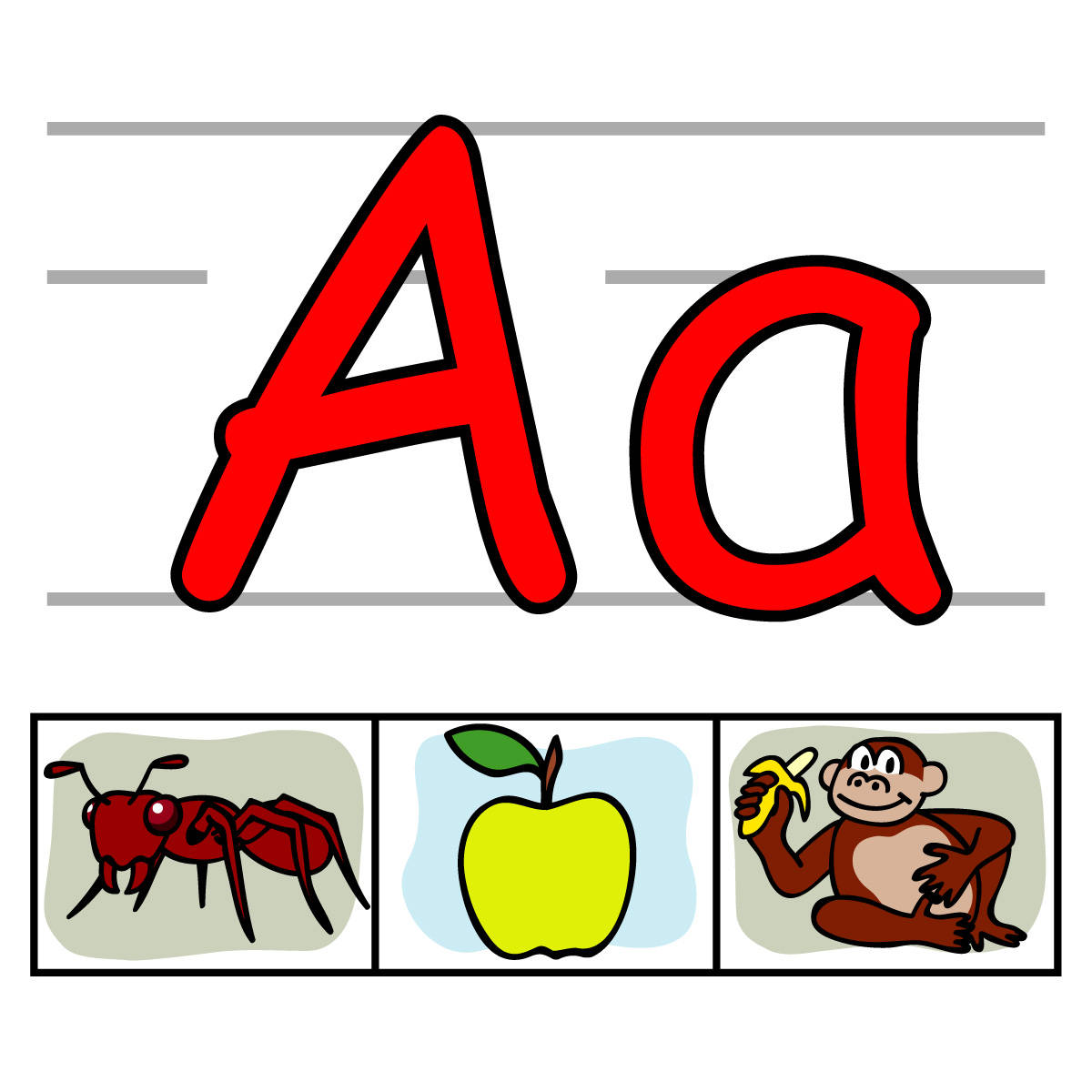Letter A 桌布 壁紙 — 鮮紅色大寫和小寫字母A，下方有線紙上畫有卡通螞蟻、蘋果和猴子。