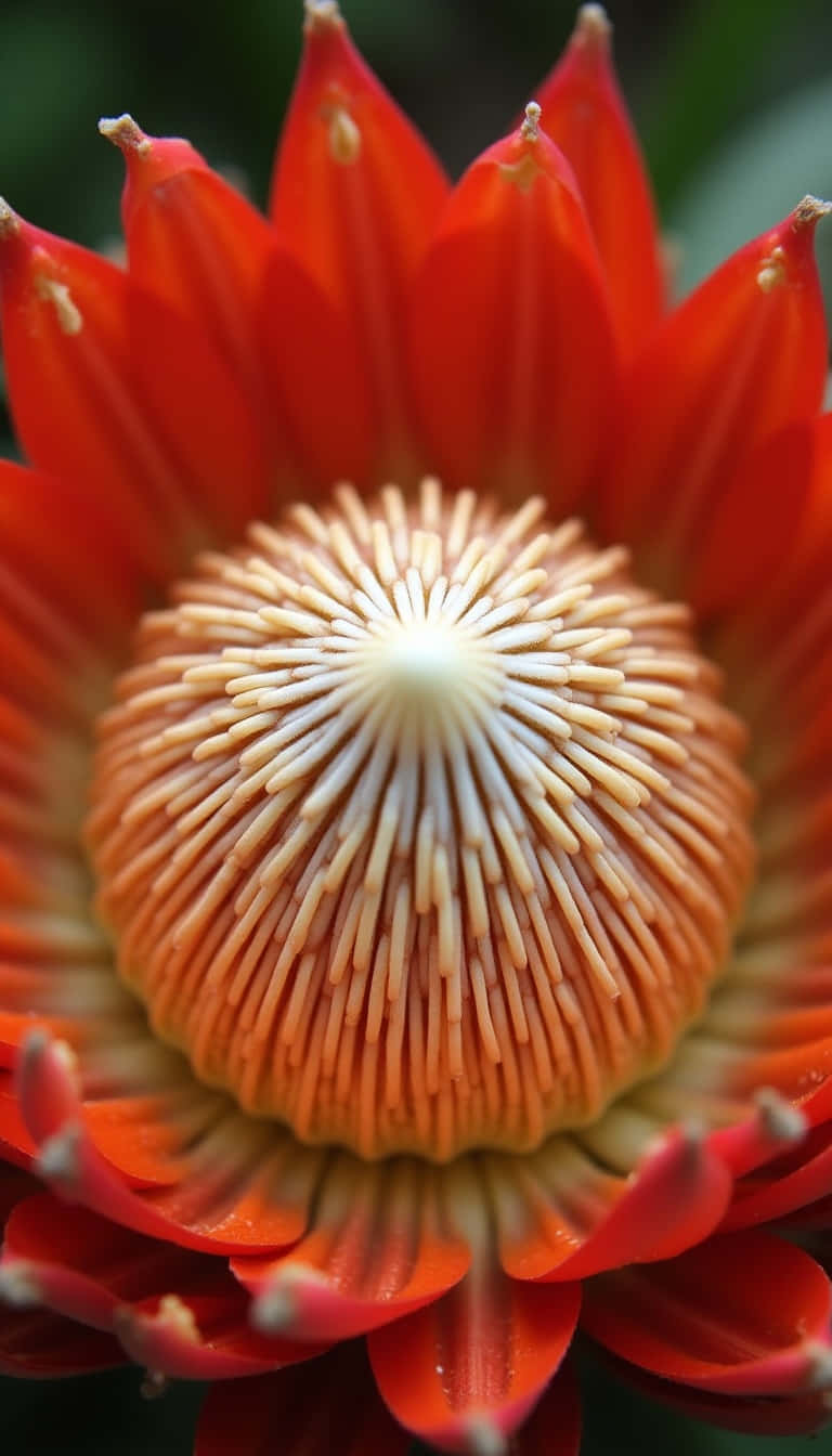 Flower 壁紙 — 鮮紅色帝王花的特寫，帶有紋理的橙色和白色花心向外輻射。