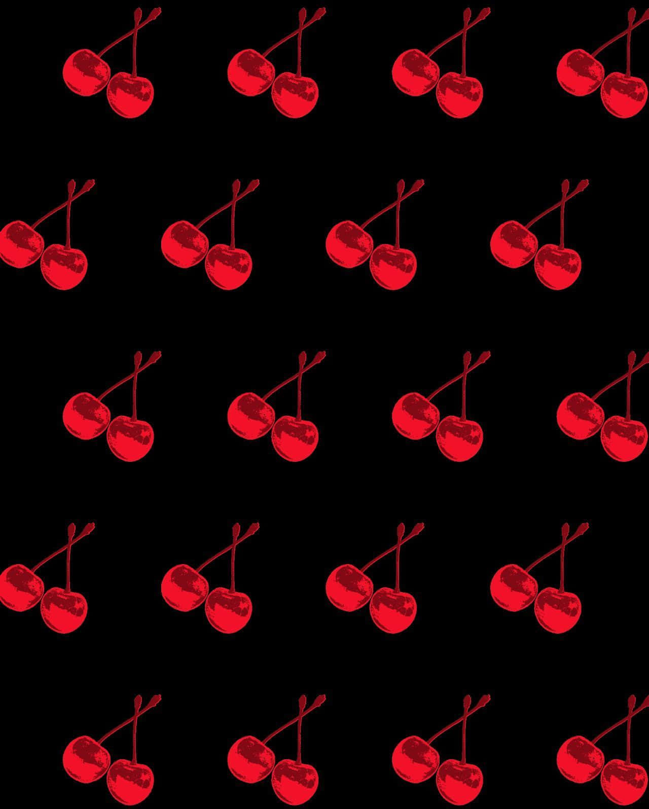 Cherry Aesthetic 桌布 壁紙 — 鮮紅色帶梗櫻桃在純黑色背景上以網格圖案重複排列。