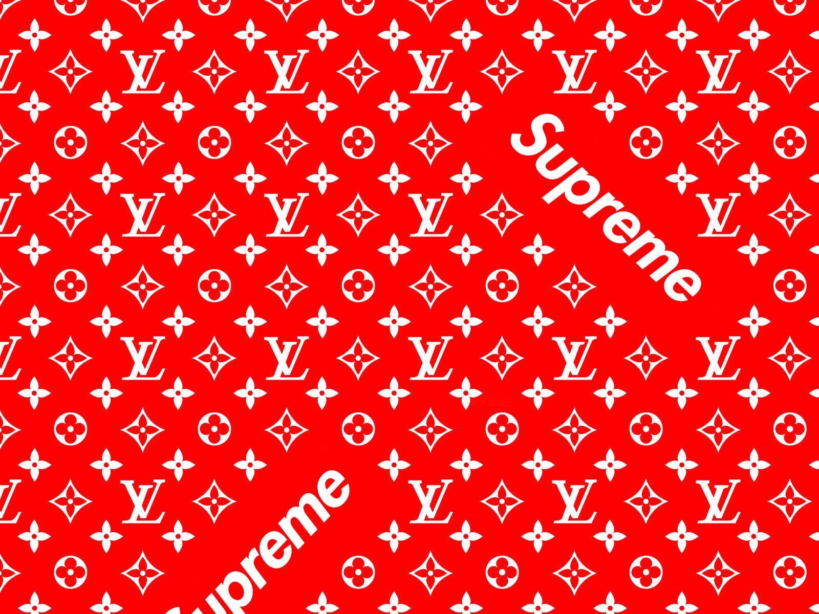 路易威登 桌布 壁紙 — 鮮紅色桌布，帶有重複的白色 Louis Vuitton 字母組合和對角 Supreme 標誌。