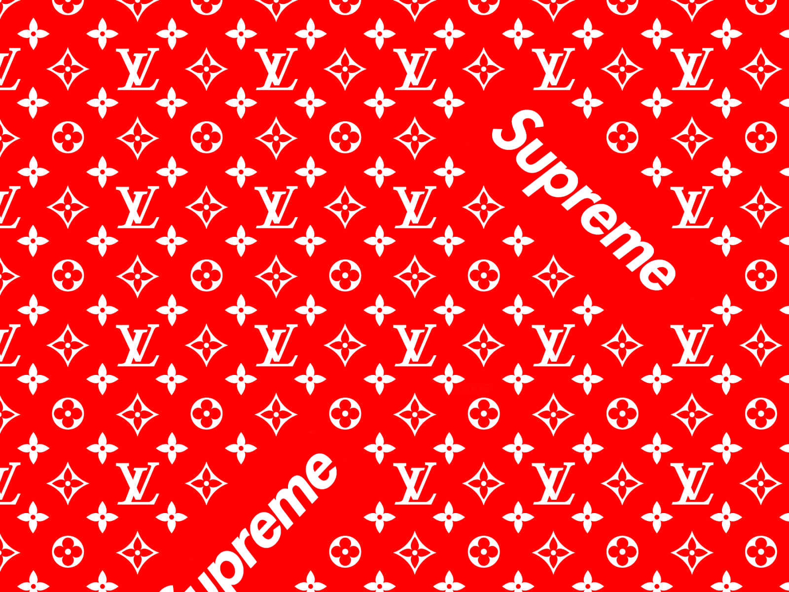路易威登 桌布 壁紙 — 鮮紅色桌布，帶有重複的白色 Louis Vuitton 字母組合和對角線 Supreme 標誌。