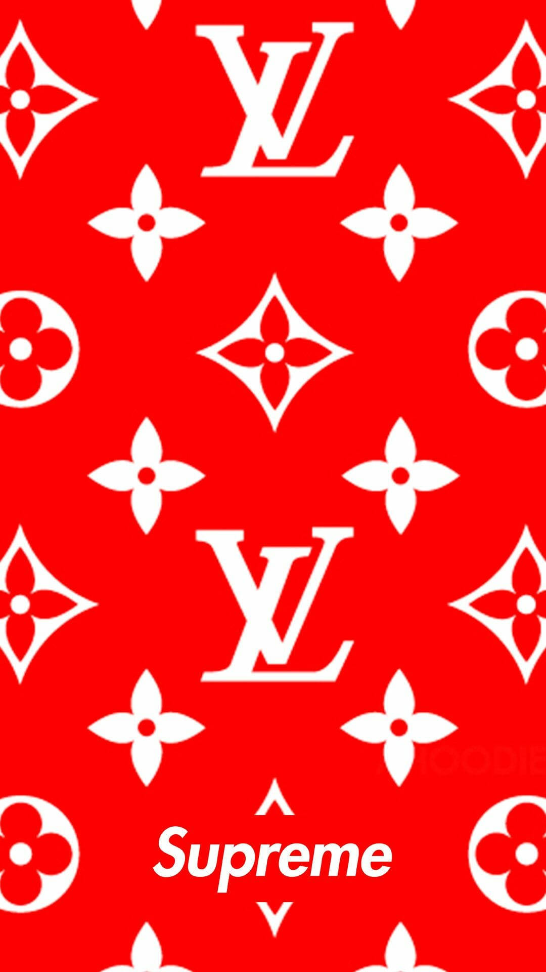 桌布 壁紙 — 鮮紅色桌布，帶有重複的白色 Louis Vuitton 字母圖案，底部有 Supreme 標誌。