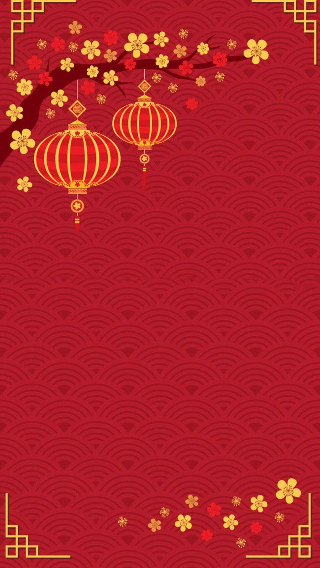 New 桌布 壁紙 — 鮮紅色桌布，飾有金色中國燈籠和盛開的梅花枝，背景為波浪圖案。