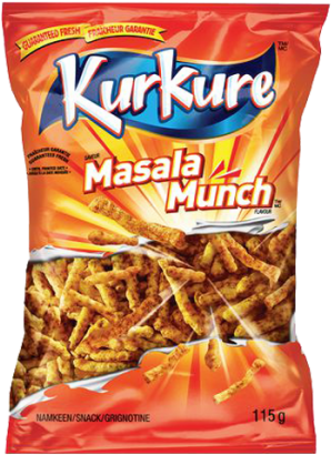 Snacks 桌布 壁紙 — 鮮紅色的Kurkure Masala Munch零食薯片袋，金黃色辣味零食從頂部爆出。