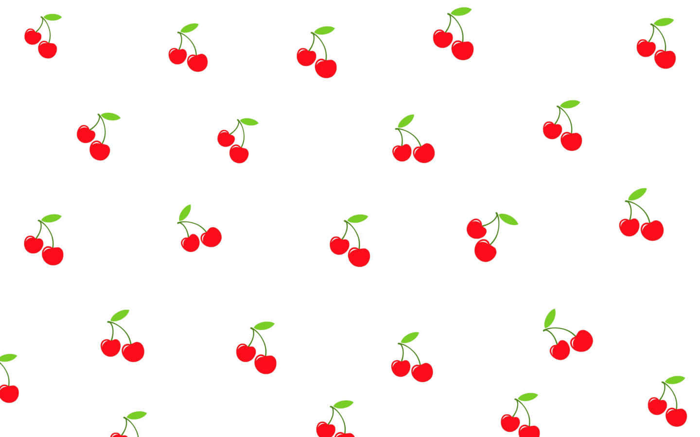 Red Cute Aesthetic 桌布 壁紙 — 鮮紅色的櫻桃帶有綠色莖，散落在潔白的背景上，形成有趣的重复圖案。