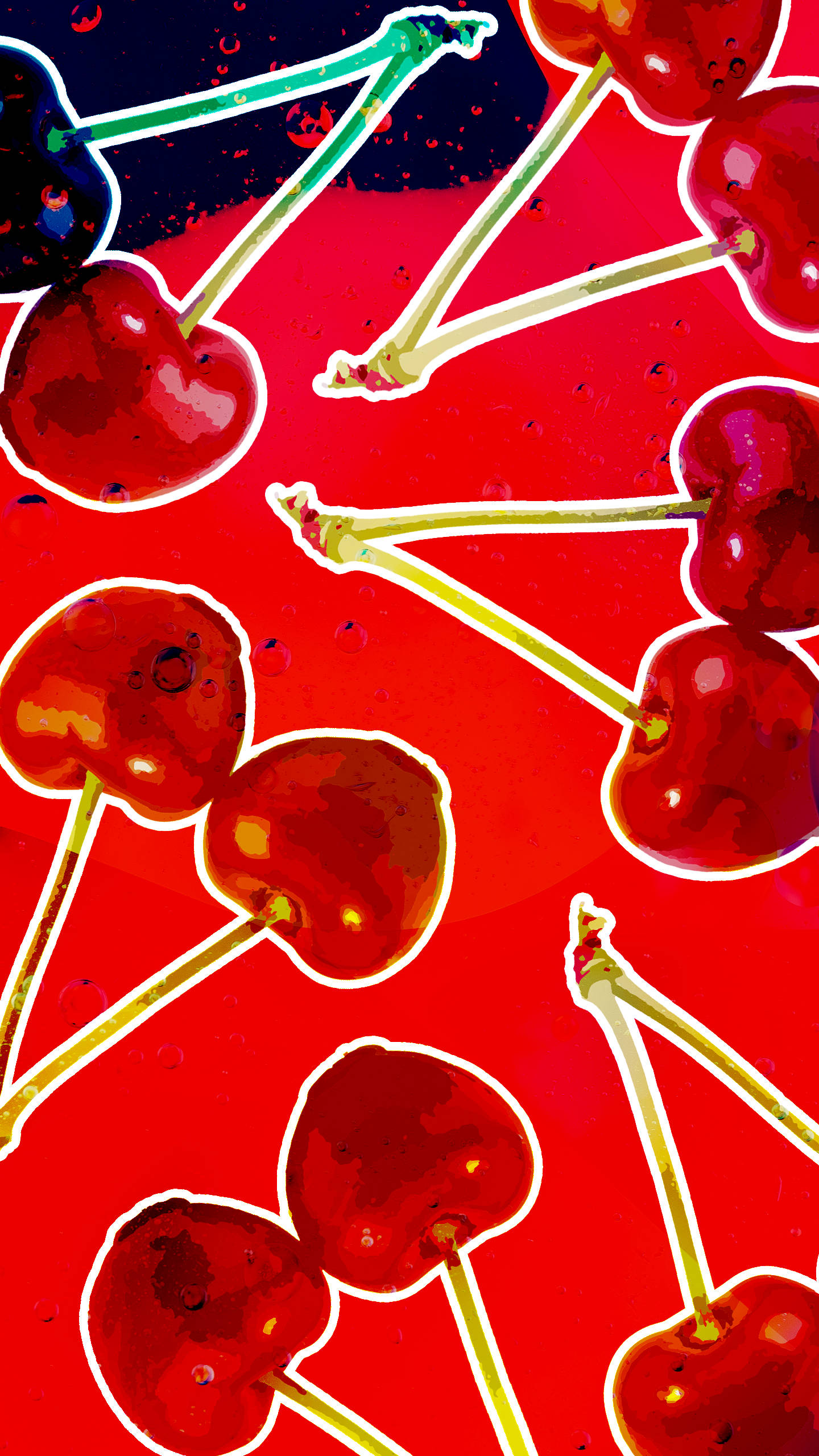 Cherry 桌布 壁紙 — 鮮紅色的櫻桃帶有綠色莖部，在帶有深藍色點綴的醒目紅色背景上漂浮。