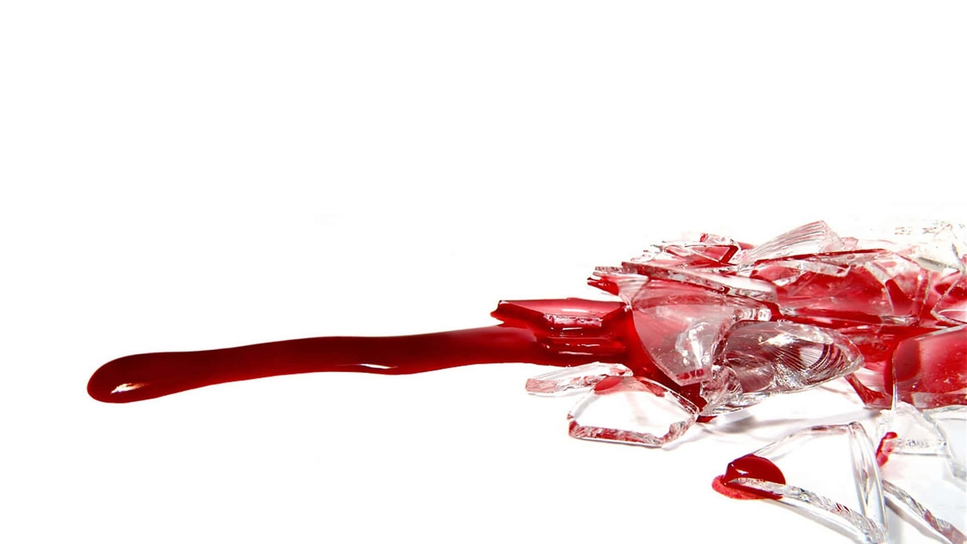 Blood Aesthetic 桌布 壁紙 — 鮮紅色的液體從破碎的玻璃碎片中滴落，背景是純白色。