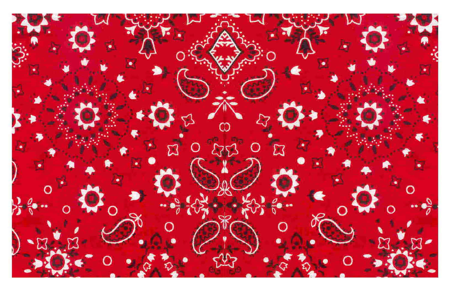 bandana 桌布 壁紙 — 鮮紅色的班丹娜圖案，帶有白色和黑色的佩斯利花、鈴鐺和幾何形狀，對稱重複。