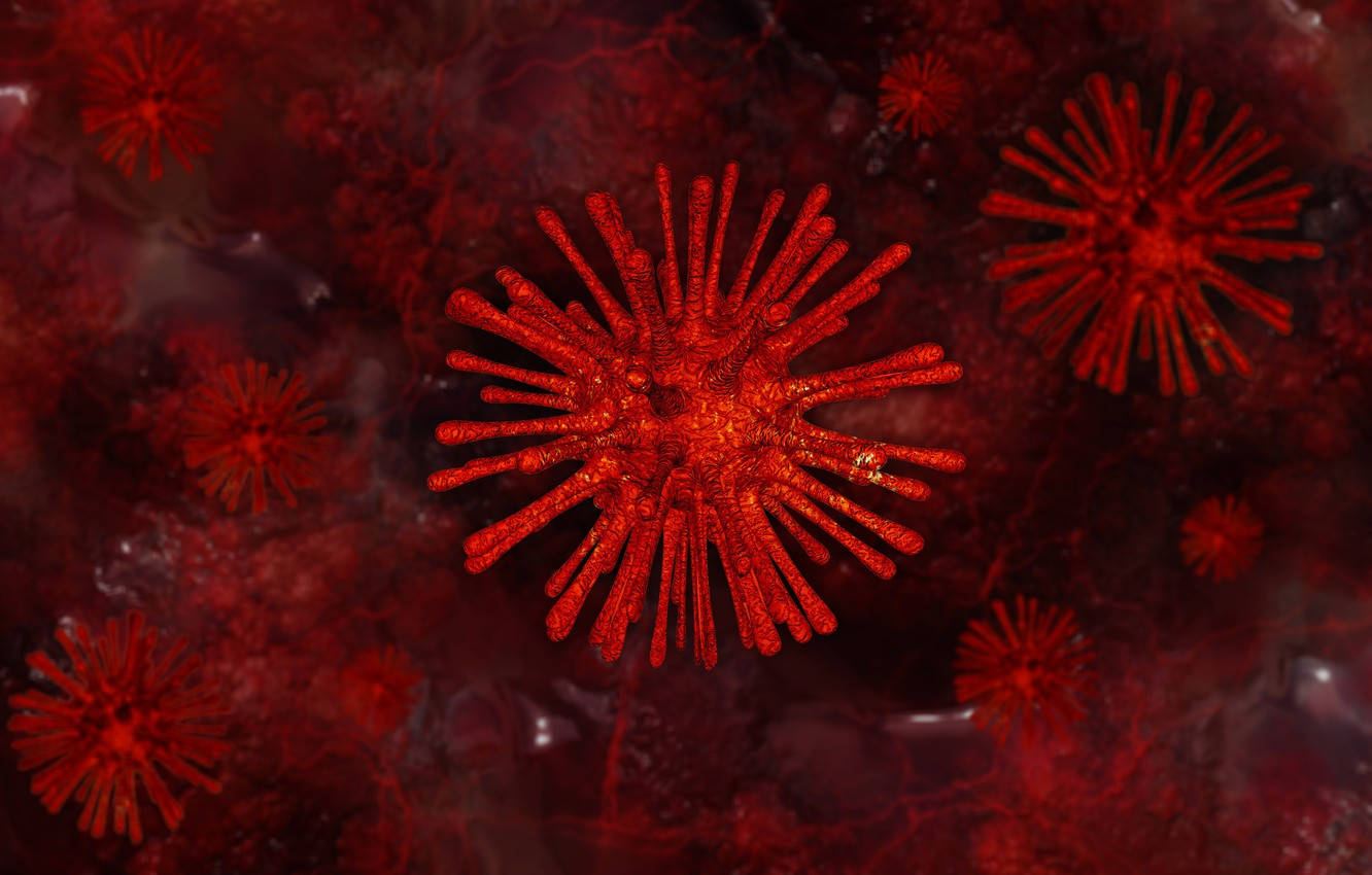 Coronavirus 桌布 壁紙 — 鮮紅色的病毒粒子帶有尖刺狀突起，在顯微鏡視野下漂浮於深紅色的液體中。