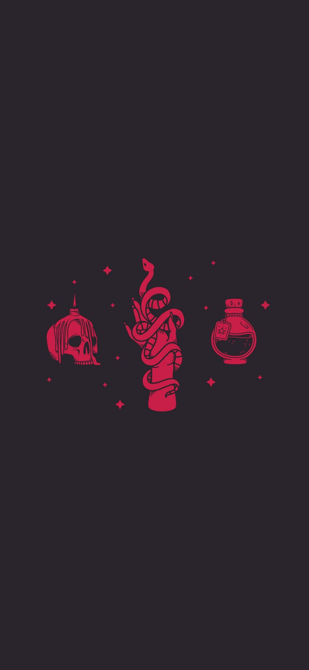 桌布 壁紙 — 鮮紅色的神秘符號，包括骷髏瓶、盤蛇和藥水瓶，在深色背景上漂浮。