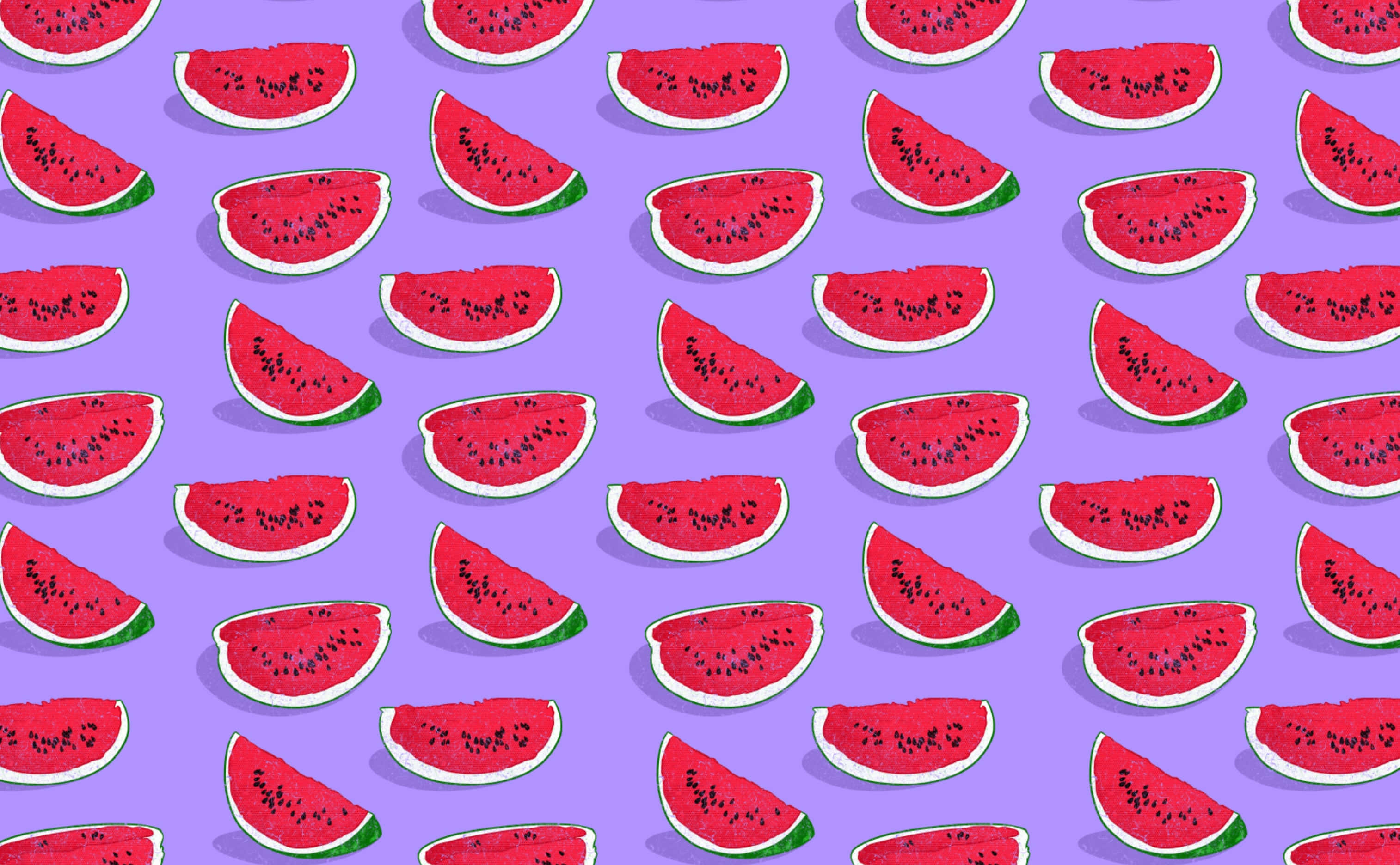Fruit 桌布 壁紙 — 鮮紅色的西瓜片，帶有黑色種子，在紫色背景上以重複圖案排列。
