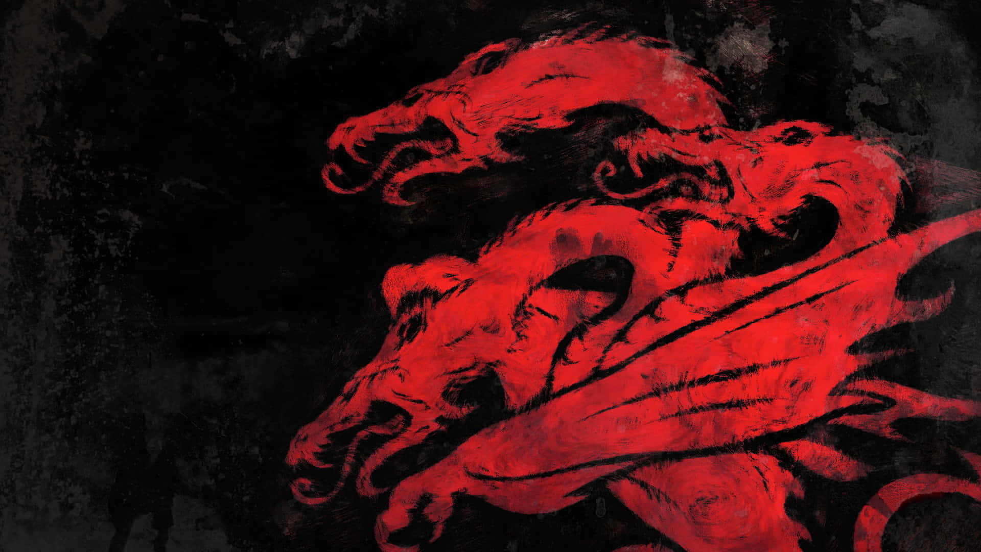 Dragons 桌布 壁紙 — 鮮紅色的龍在帶有紋理的黑色背景上盤繞，呈現戲劇性的數位藝術風格。