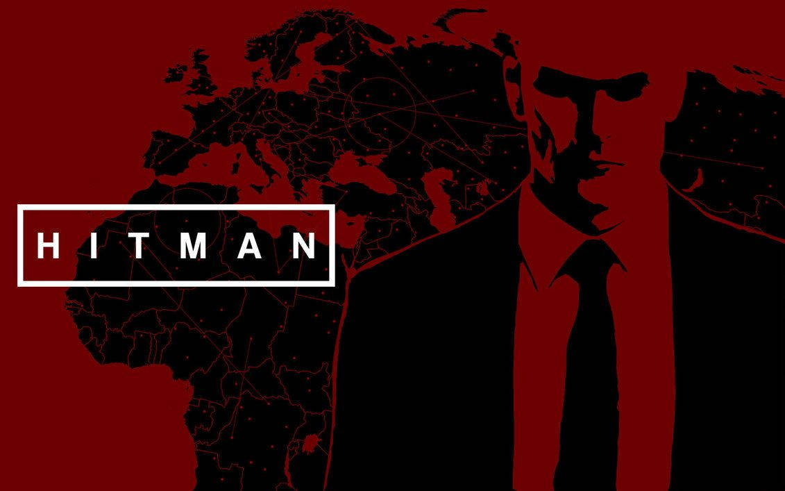 Hitman Absolution 桌布 壁紙 — 鮮紅色背景上有一個穿著西裝的黑色剪影男子，背後是世界地圖，白色方框中寫著HITMAN字樣。