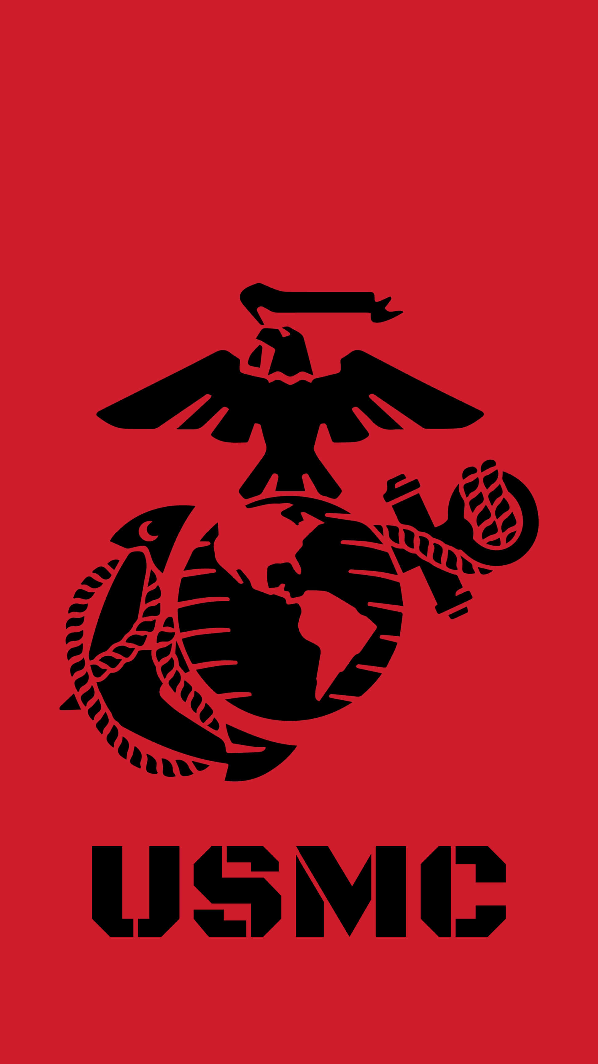 Usmc 桌布 壁紙 — 鮮紅色背景上置中的大膽黑色USMC標誌，有鷹、地球和錨。