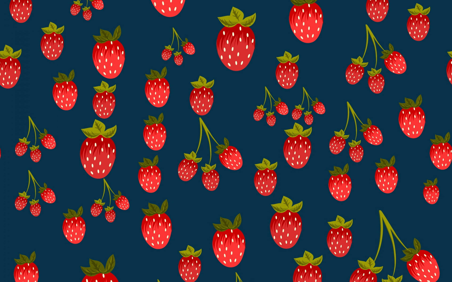 Fruit 桌布 壁紙 — 鮮紅色草莓配綠葉，散落在深海軍藍背景上，形成俏皮的重複圖案。