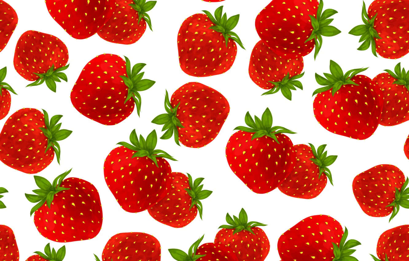 Strawberries 桌布 壁紙 — 鮮紅草莓配綠葉，整齊散落在潔白背景上，形成重複圖案。