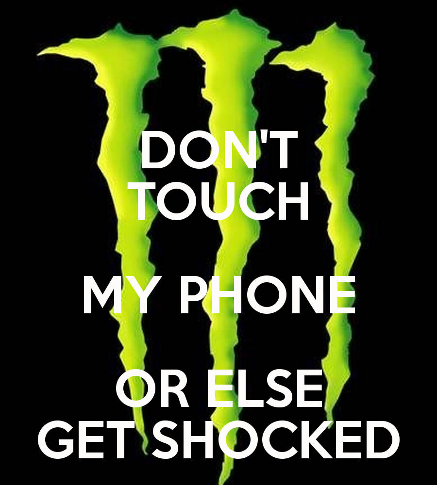 別碰我的iPad 桌布 壁紙 — 鮮綠色Monster Energy標誌，帶有粗體白色文字，警告不要觸摸手機或觸電，背景為黑色。