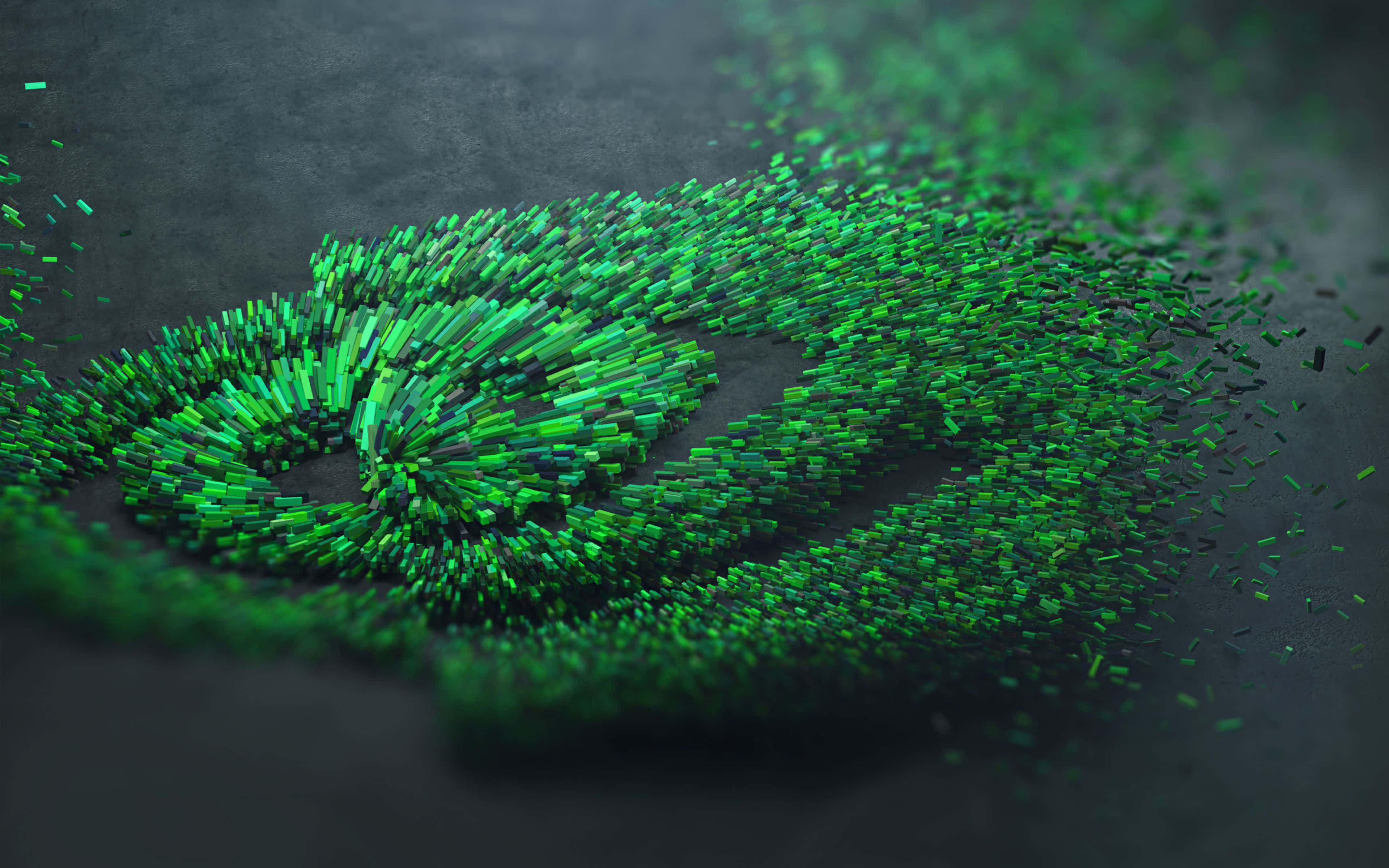 Nvidia 4K UHD 桌布 壁紙 — 鮮綠色數位粒子形成旋轉渦流，在深色紋理背景上構成抽象螺旋。