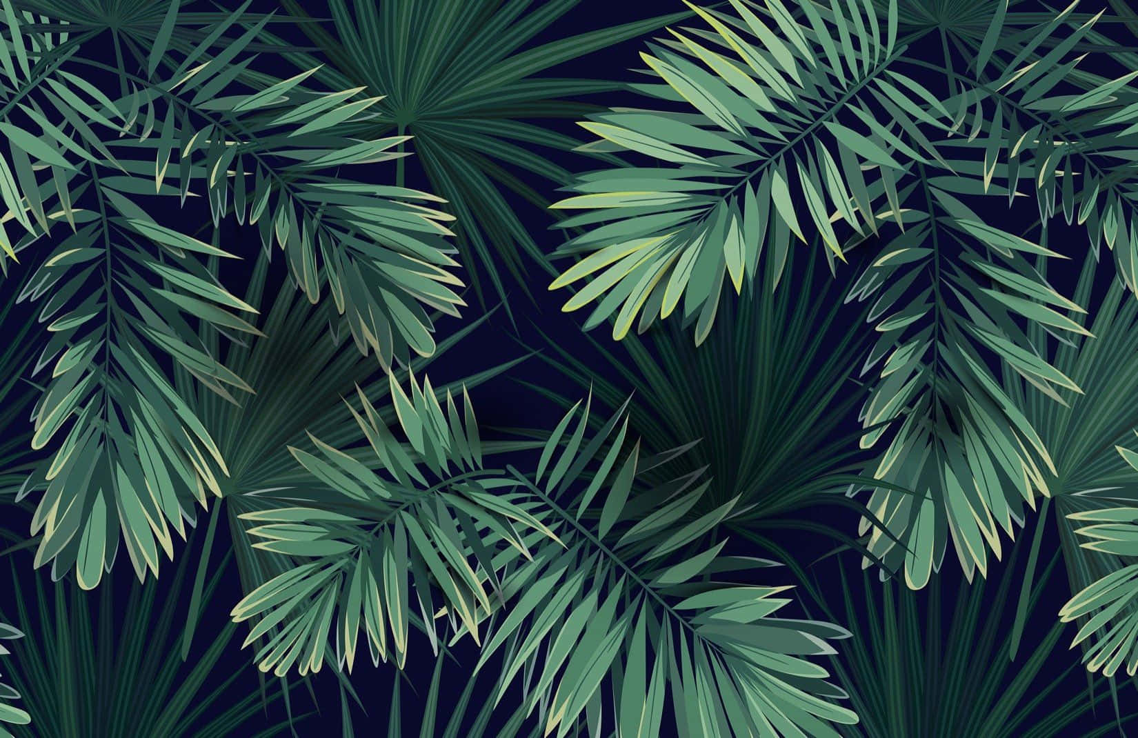 Plant 桌布 壁紙 — 鮮綠色棕櫚葉在深海軍藍背景上重疊，形成茂盛的熱帶圖案。