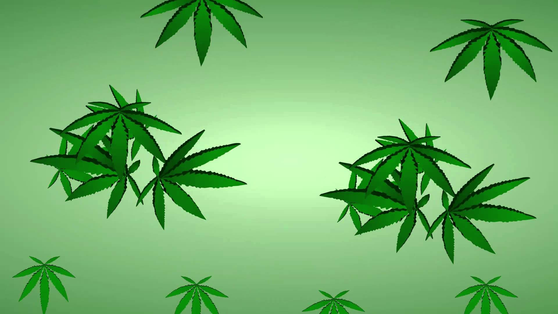 大麻 桌布 壁紙 — 鮮綠色的大麻葉在柔和的綠色漸變背景上漂浮的數位插圖。