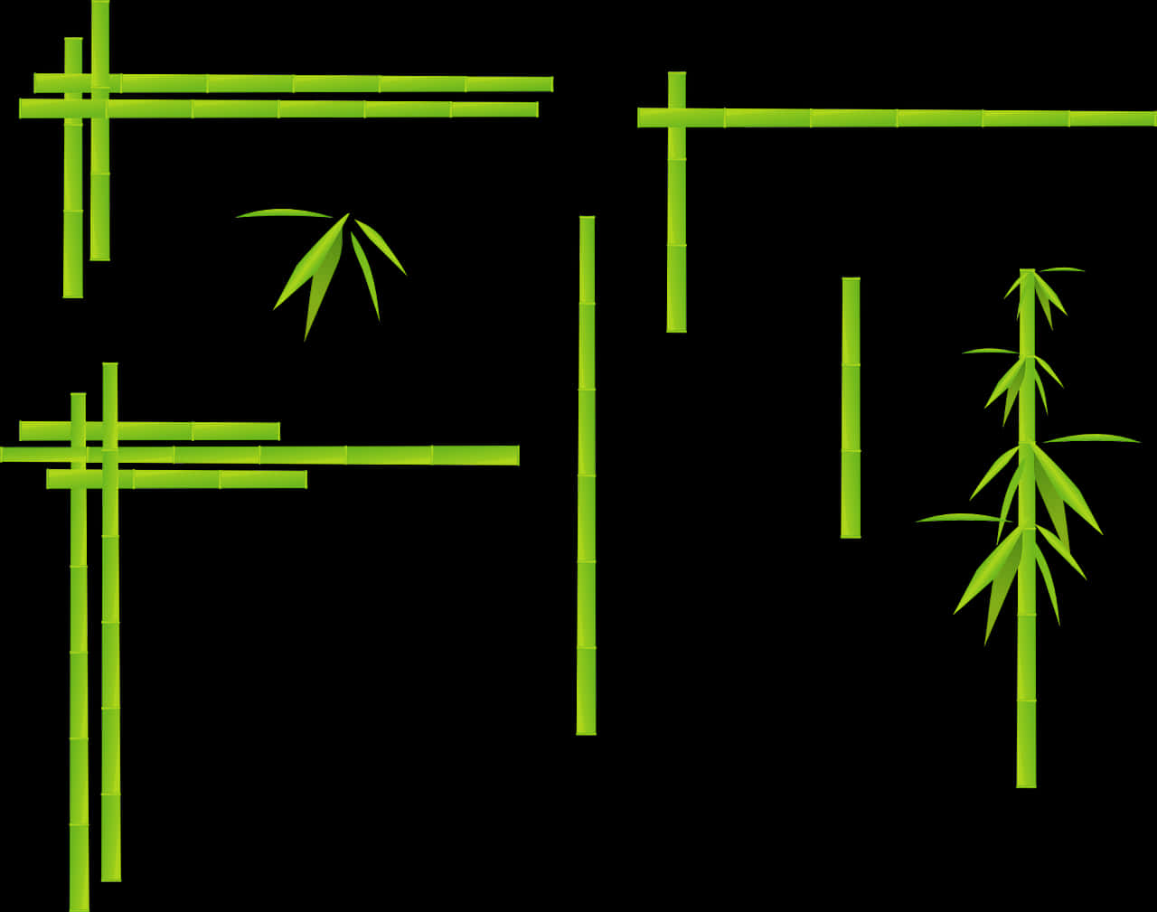 Border Design 桌布 壁紙 — 鮮綠色竹莖和葉子排列成裝飾元素，襯托純黑色背景。