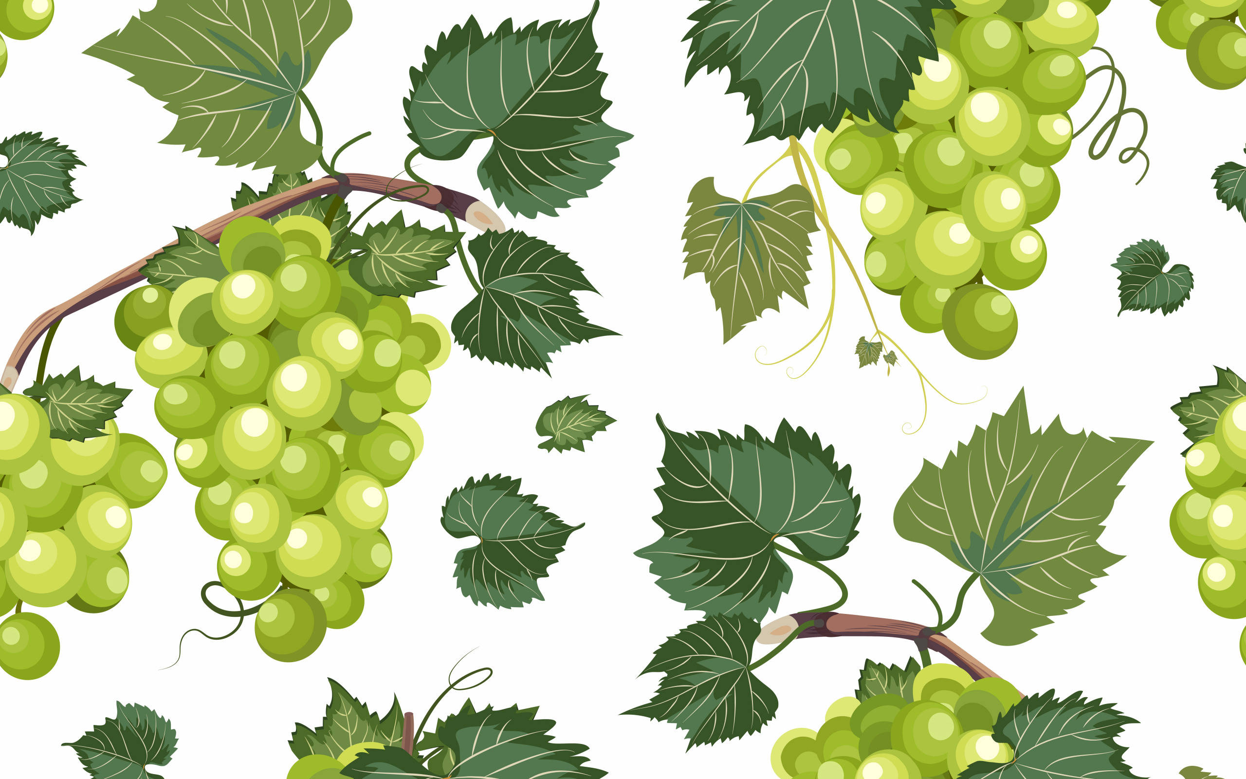 Grape 桌布 壁紙 — 鮮綠色葡萄串帶有詳細葉子，在潔白背景上以重複圖案漂浮。