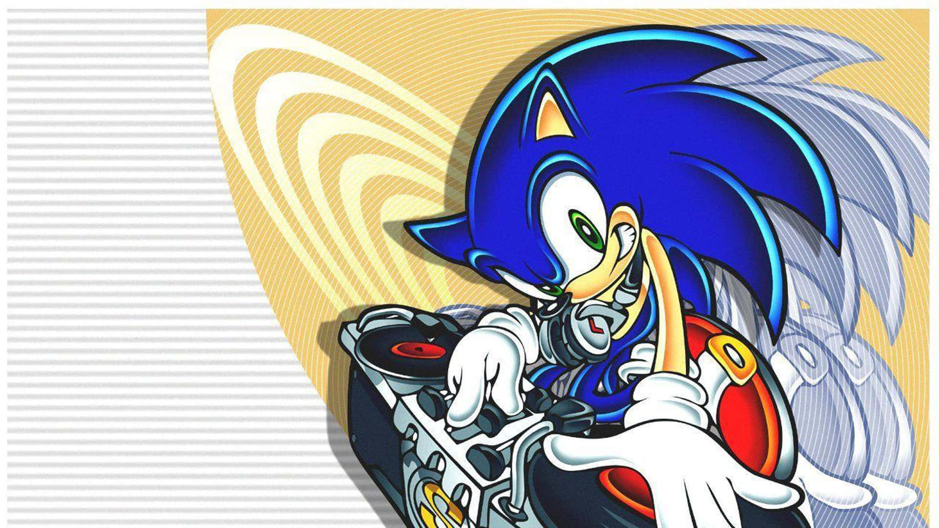 Sonic Art 桌布 壁紙 — 鮮藍色的音速小子在動感黃色漩渦背景下於DJ唱盤上旋轉黑膠唱片。