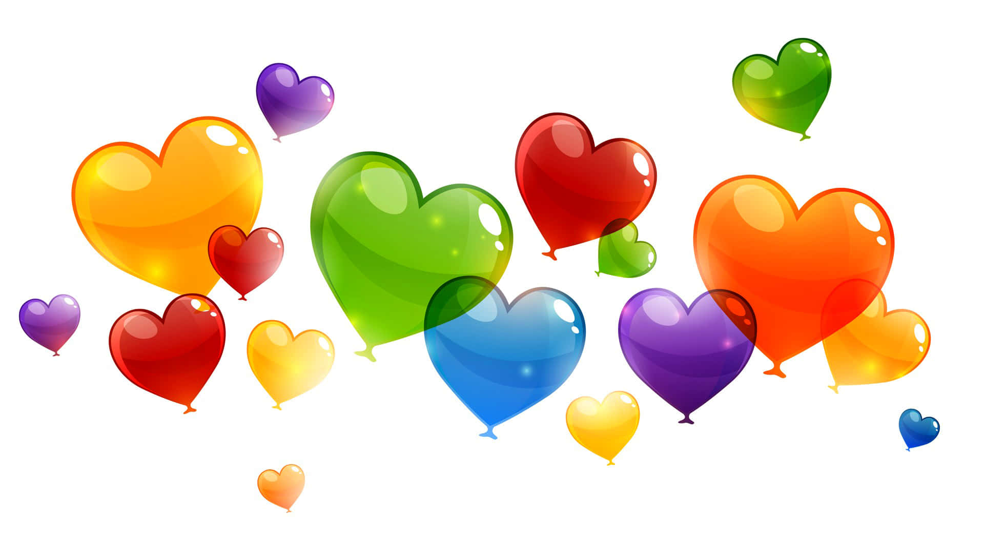Heart Balloons 桌布 壁紙 — 鮮豔光澤的心形氣球以彩虹色彩漂浮在潔白背景上。