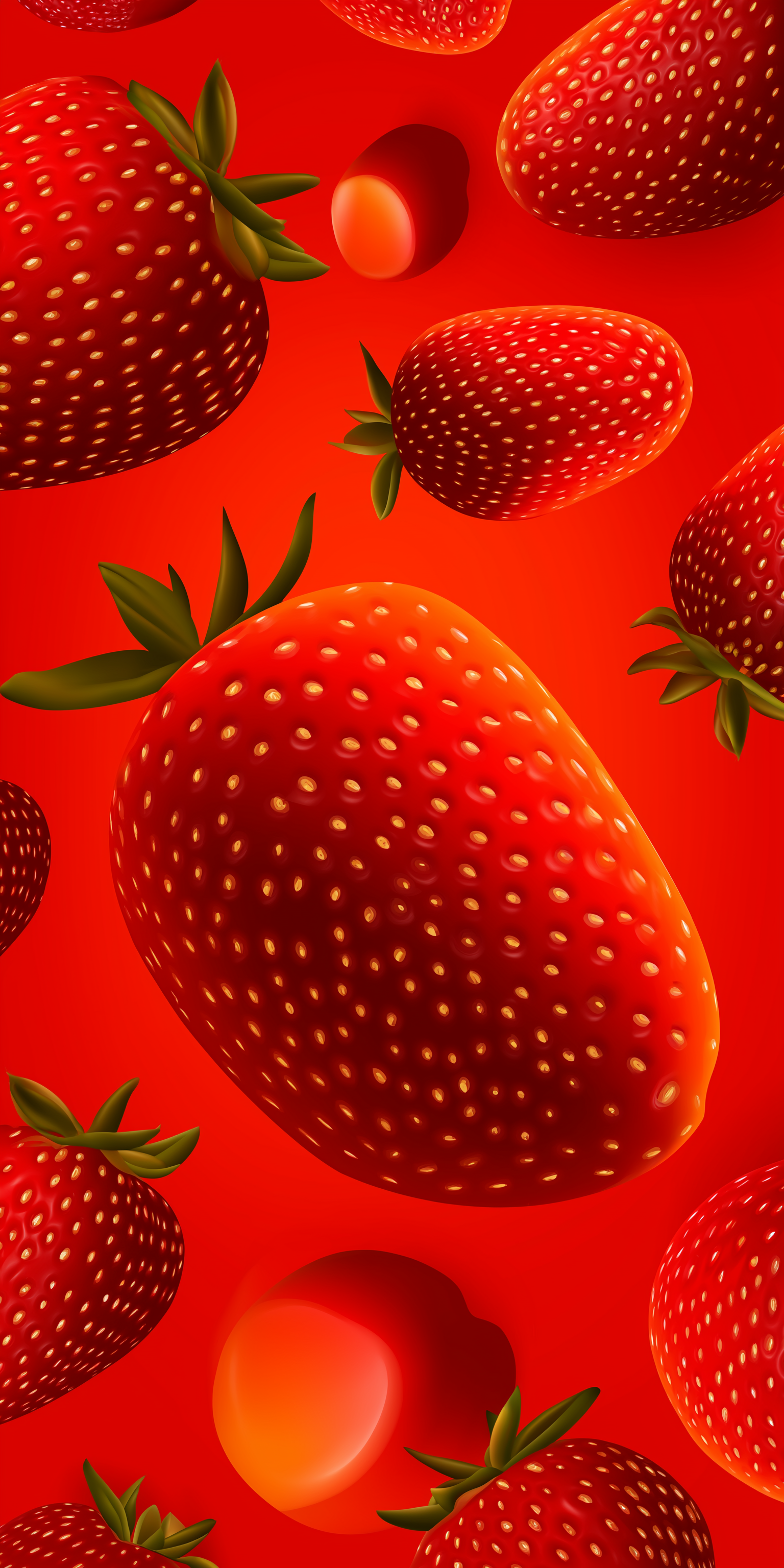Fruit 桌布 壁紙 — 鮮豔光澤的草莓搭配綠色葉子，漂浮在飽和的紅色背景上。