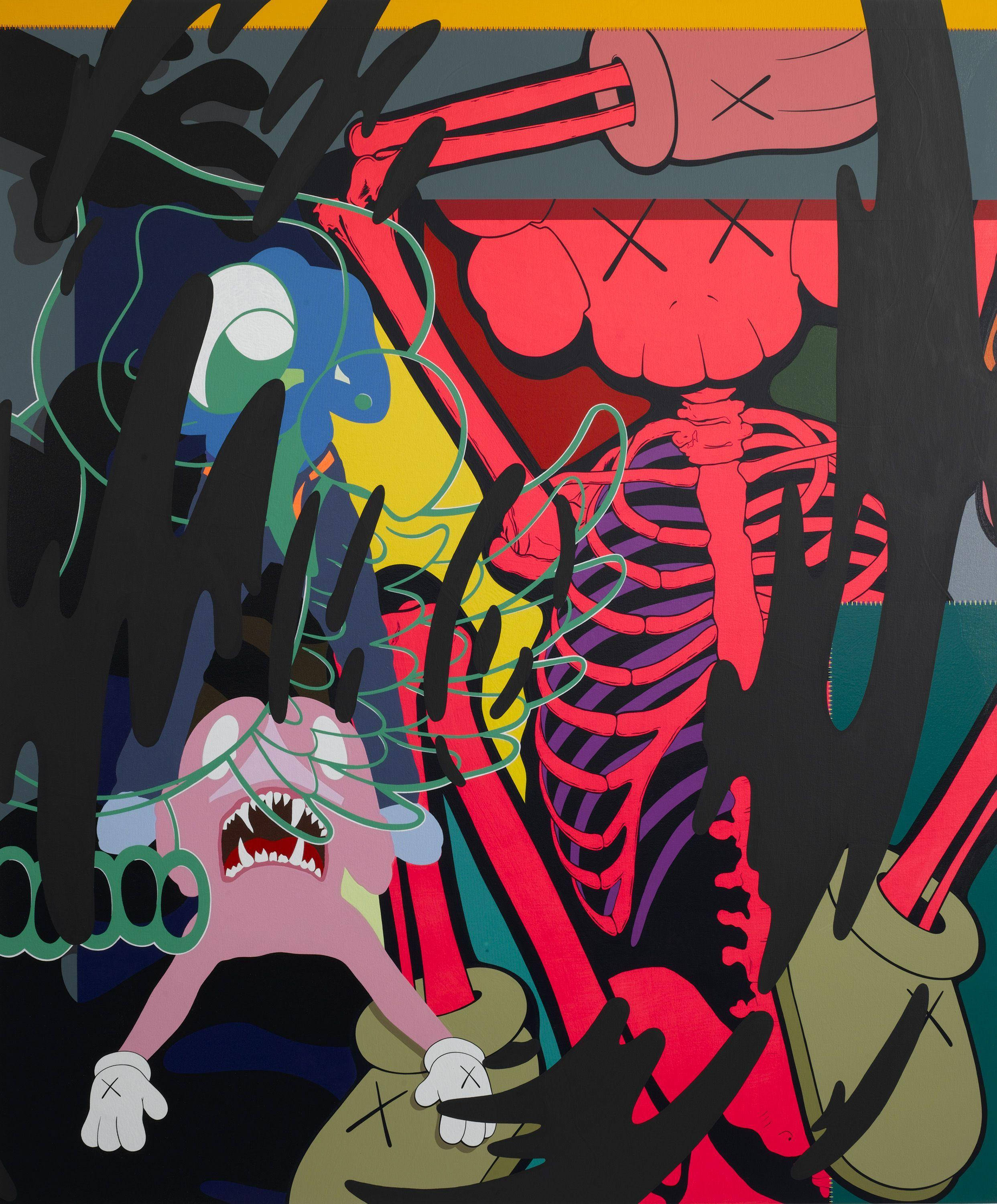 kaws 4K 桌布 壁紙 — 鮮豔卡通風格插圖，描繪一隻尖叫的粉紅色生物和一個紅色骷髏被黑色手和綠色電線纏繞。