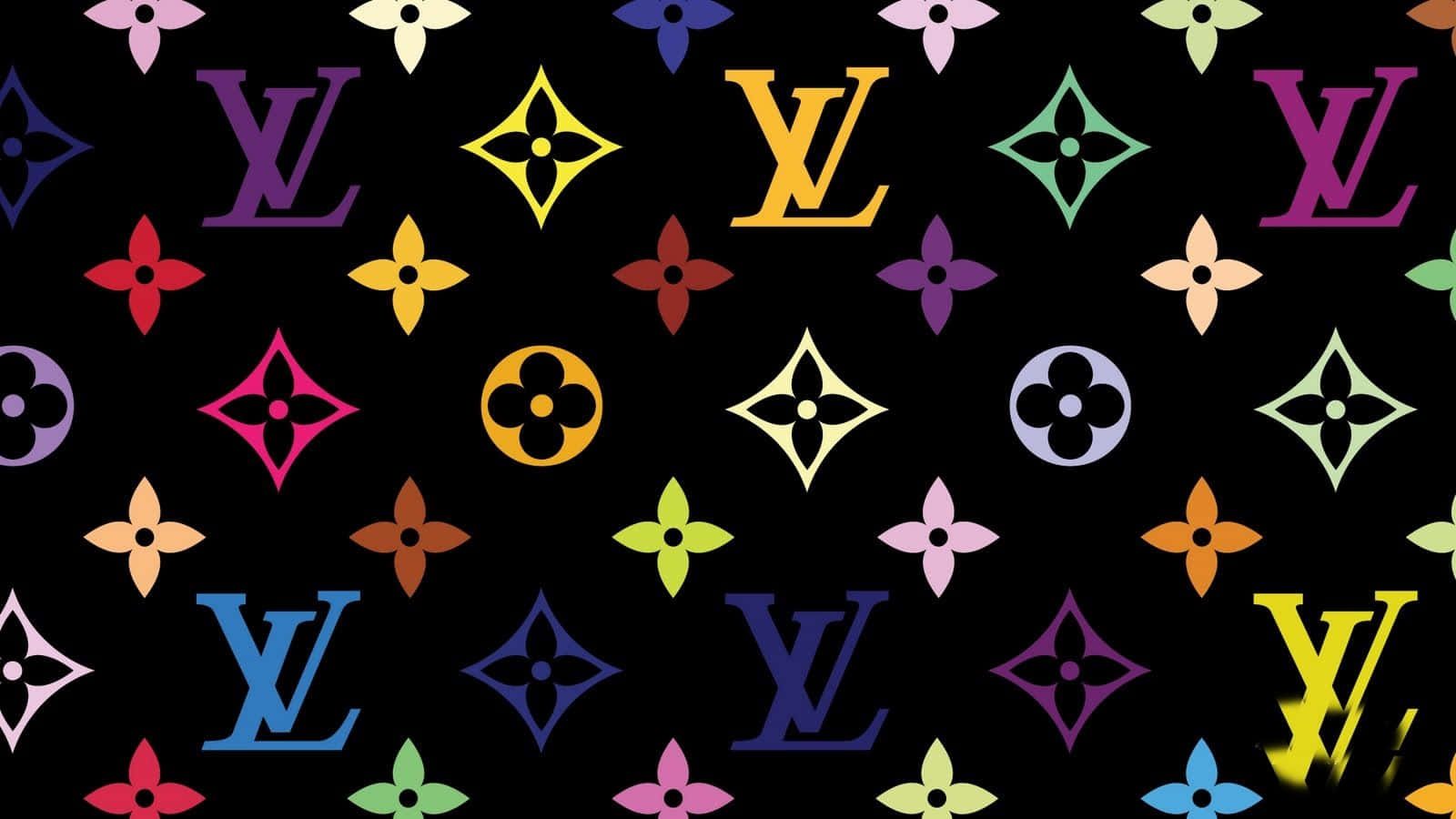 標誌 桌布 壁紙 — 鮮豔多彩的 Louis Vuitton 字母組合和花卉圖案在純黑背景上重複，形成大膽的圖案。