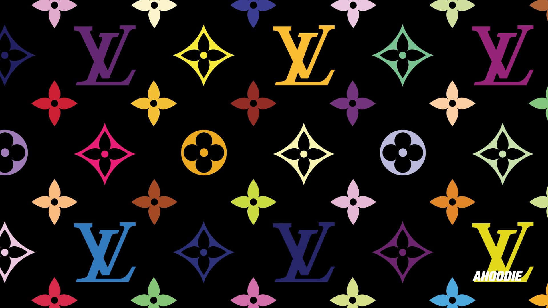 路易威登 桌布 壁紙 — 鮮豔多彩的 Louis Vuitton 字母組合和花卉圖案在純黑色背景上重複出現。