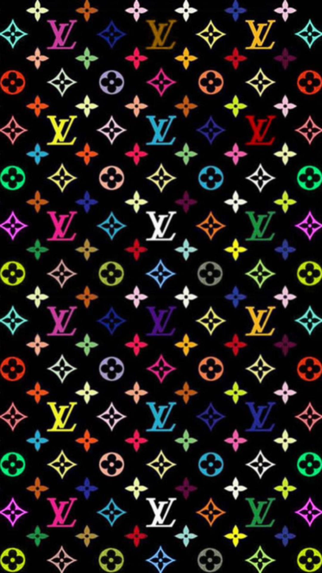 黑色背景上佈滿色彩繽紛的重複 Louis Vuitton 標誌。 — 路易威登 GIF 壁紙