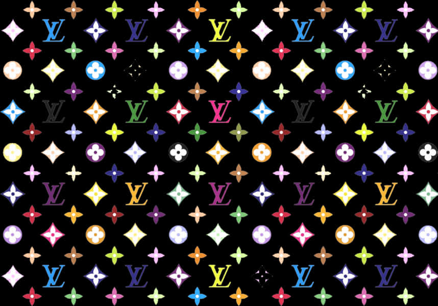 Louis Vuitton Pattern 桌布 壁紙 — 鮮豔多彩的 Louis Vuitton 字母組合標誌和花卉圖案在純黑背景上重複形成密集圖案。